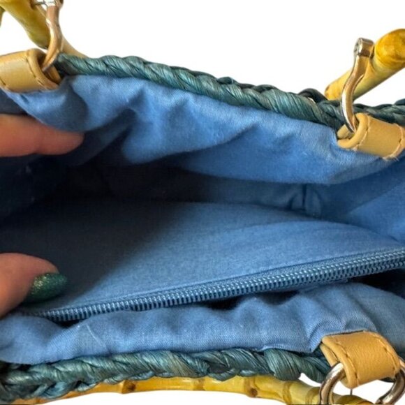 Handwoven Multi-Color Wicker Tote With Bamboo Handles & Zippered Interior - Picture 6 of 9